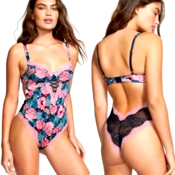 Victoria's Secret Tops - Victoria’s Secret pink flowers One Piece mesh & lace teddy bustier bodysuit M